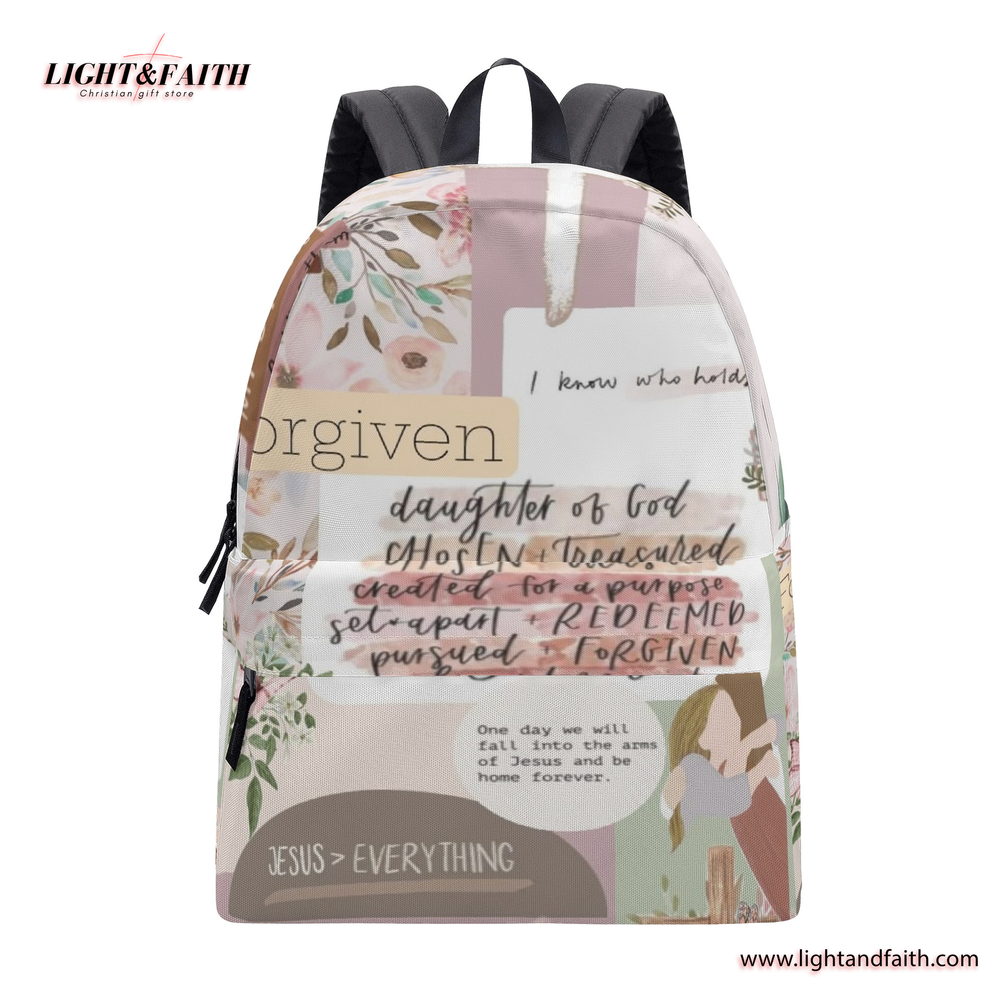 Christian Girl Backpack with Bible Verses, Floral Faith Quotes, Forgiven & Chosen Design. PLAF30